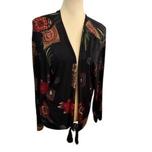 Chico’s Tie Front Cardigan Jacket Black Floral Geometric Print Lightweight Boho